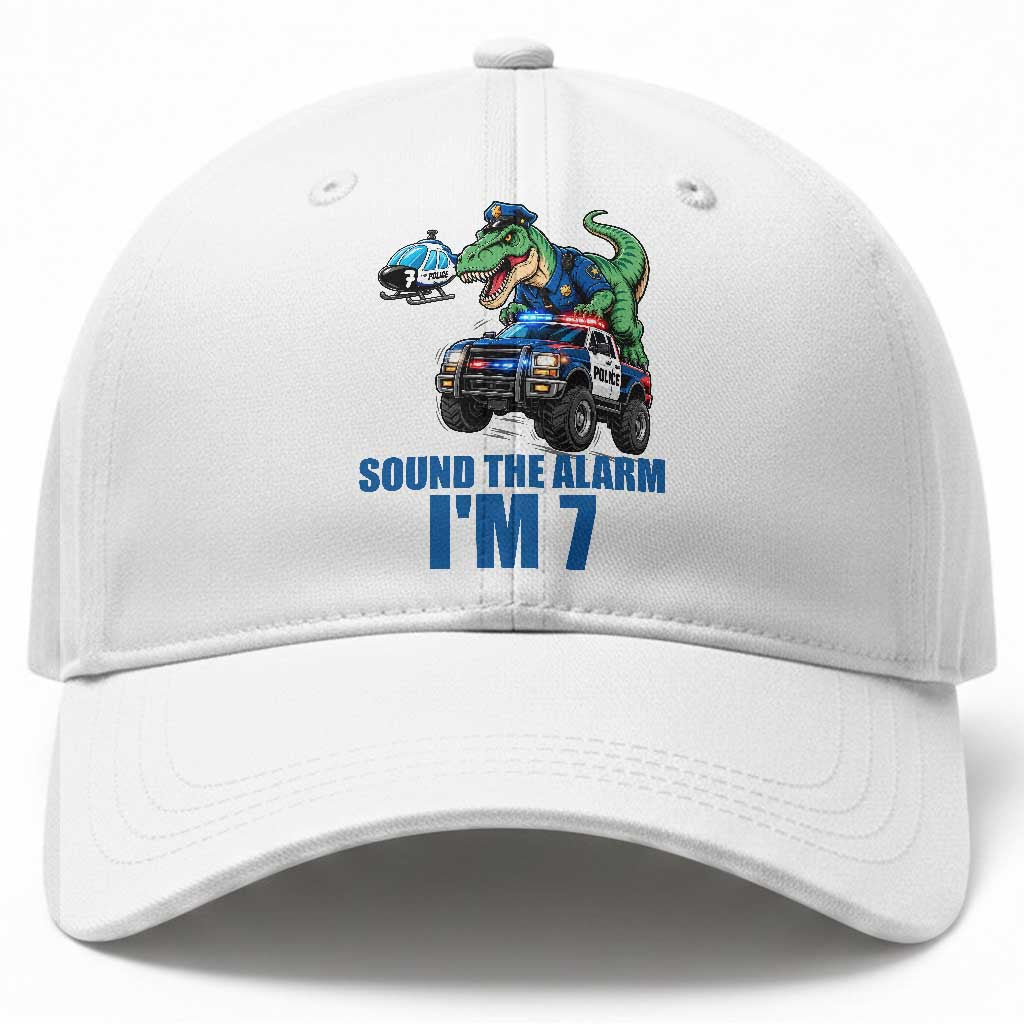Funny Police Car Dinosaur 7th Birthday Baseball Cap Sound The Alarm I Am 7