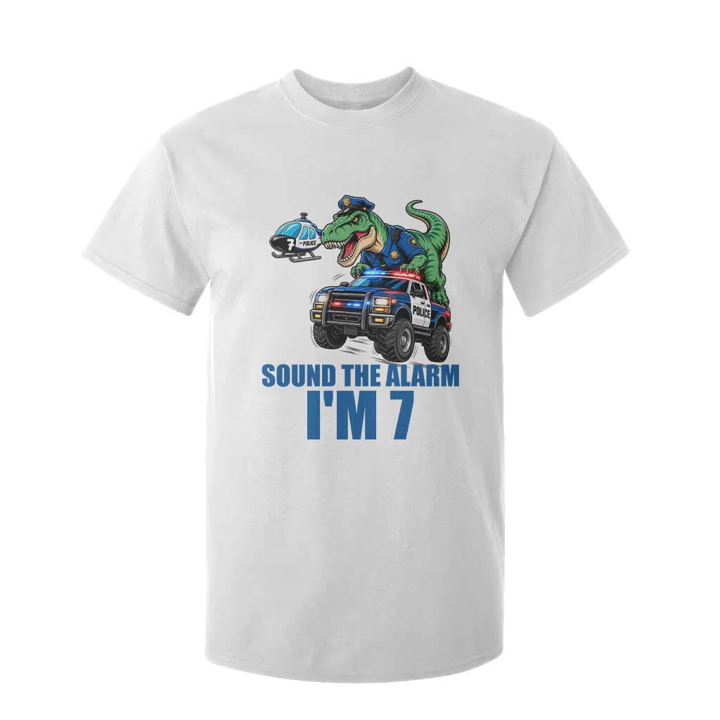 Funny Police Car Dinosaur 7th Birthday T Shirt For Kid Sound The Alarm I Am 7