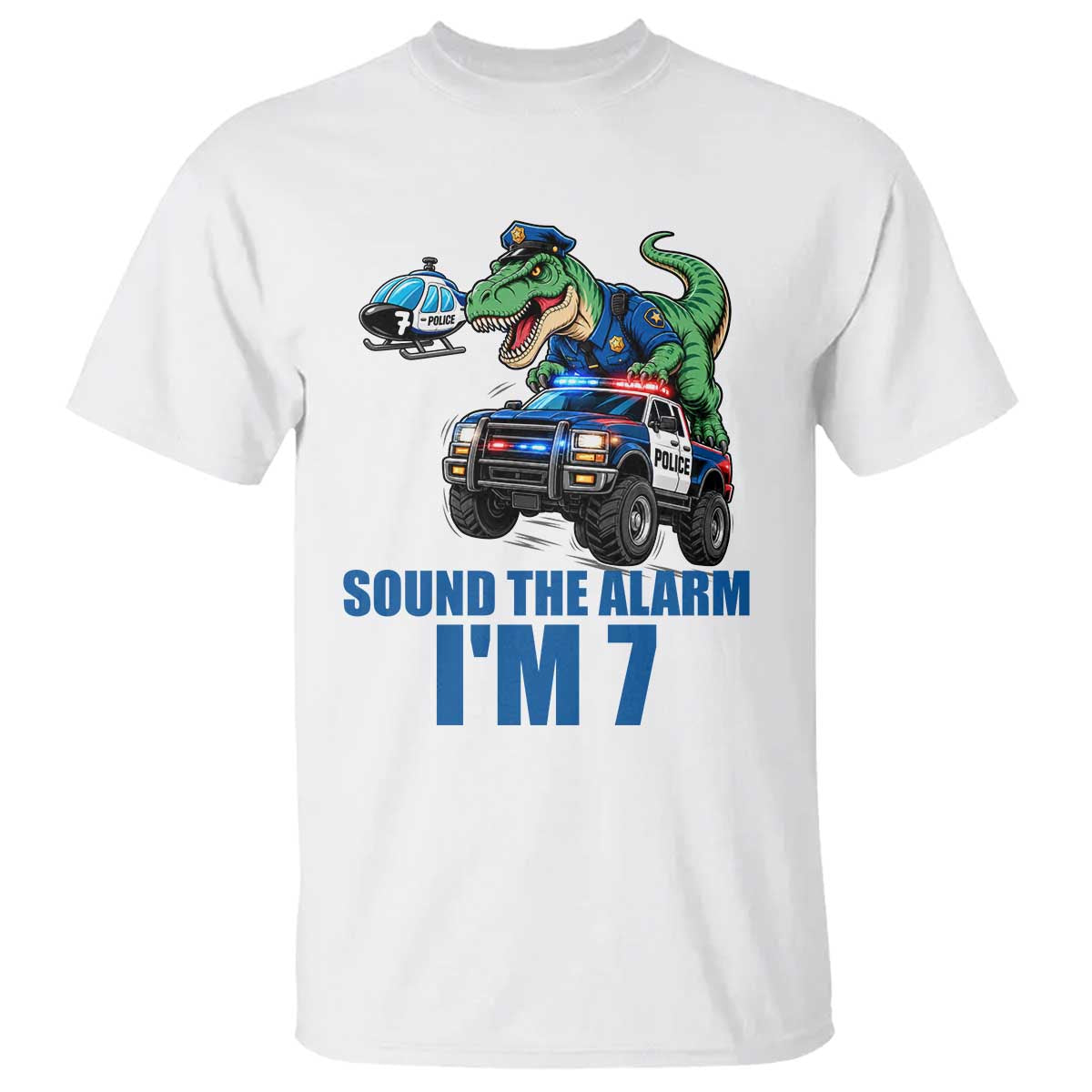Funny Police Car Dinosaur 7th Birthday T Shirt Sound The Alarm I Am 7