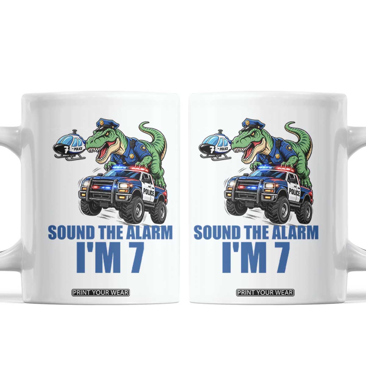 Funny Police Car Dinosaur 7th Birthday Coffee Mug Sound The Alarm I Am 7