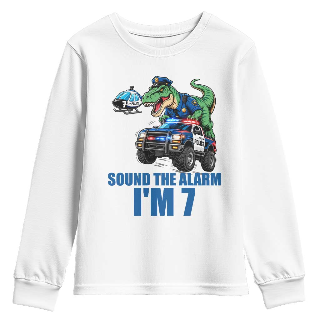 Funny Police Car Dinosaur 7th Birthday Youth Sweatshirt Sound The Alarm I Am 7