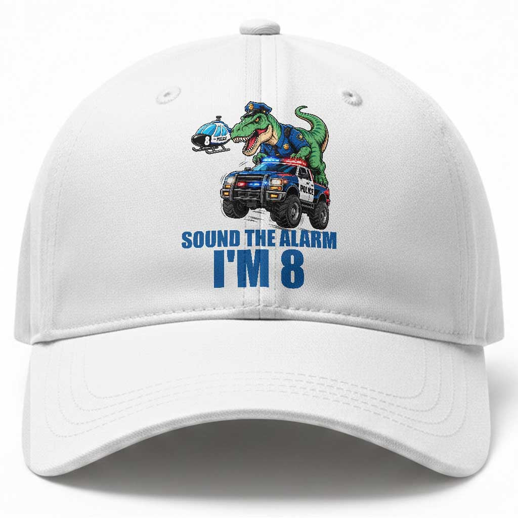 Funny Police Car Dinosaur 8th Birthday Baseball Cap Sound The Alarm I Am 8