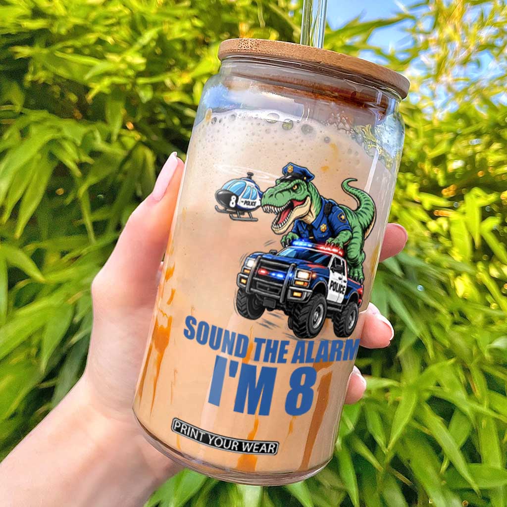 Funny Police Car Dinosaur 8th Birthday Glass Can Sound The Alarm I Am 8