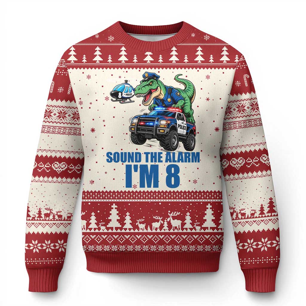 Funny Police Car Dinosaur 8th Birthday Ugly Christmas Sweater Sound The Alarm I Am 8