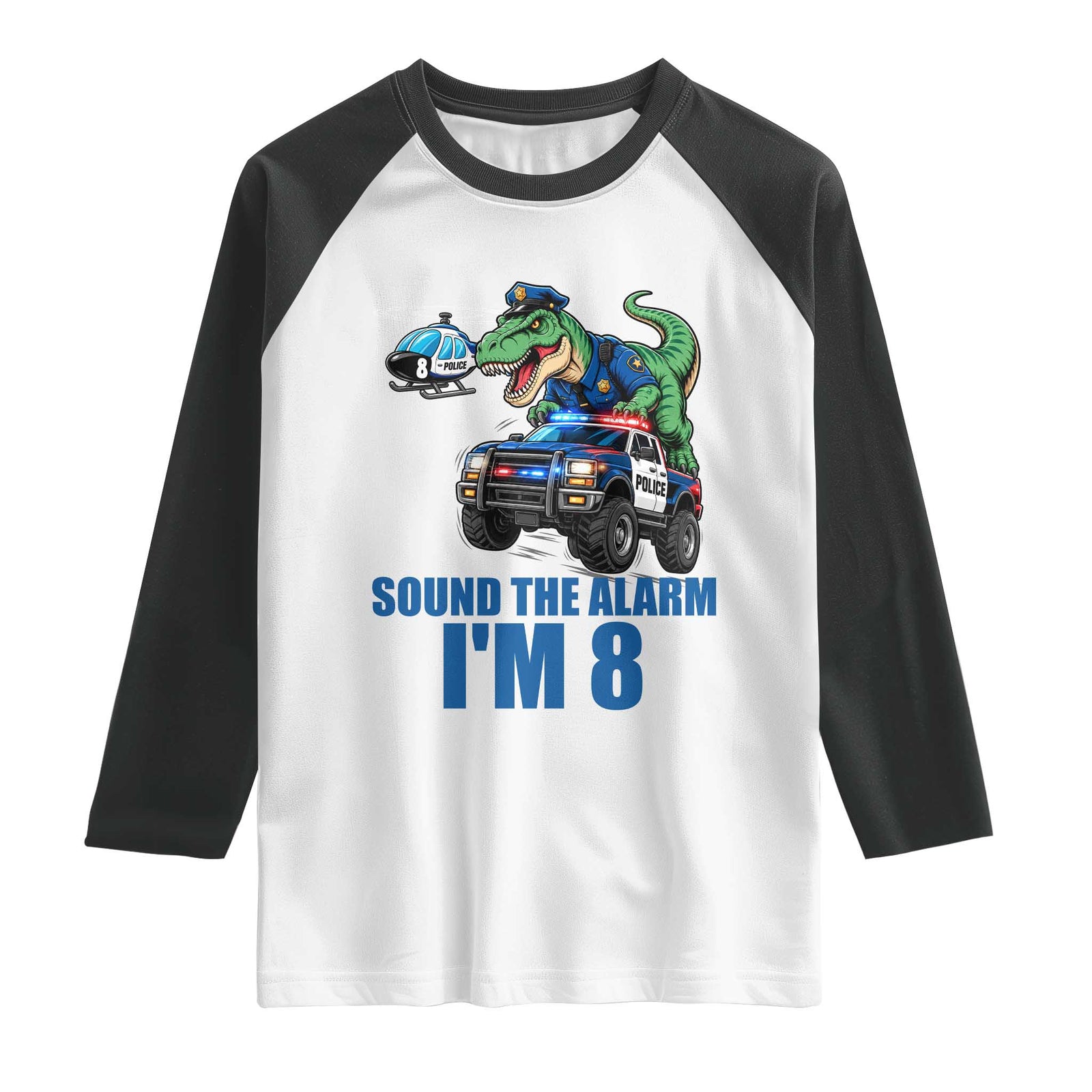 Funny Police Car Dinosaur 8th Birthday Raglan Shirt Sound The Alarm I Am 8