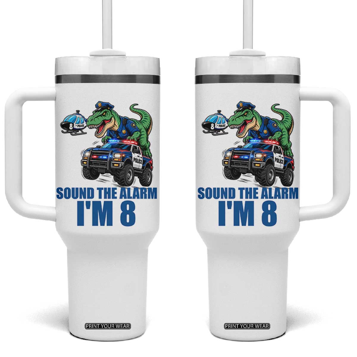 Funny Police Car Dinosaur 8th Birthday Tumbler With Handle Sound The Alarm I Am 8