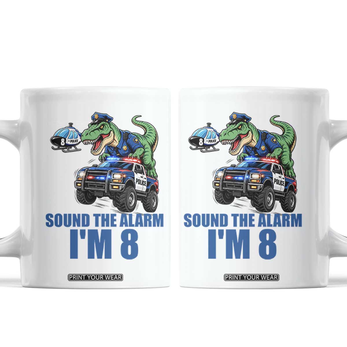 Funny Police Car Dinosaur 8th Birthday Coffee Mug Sound The Alarm I Am 8