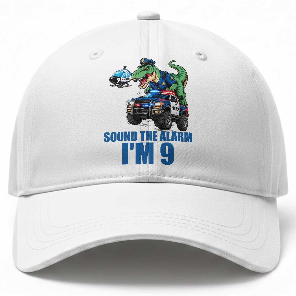 Funny Police Car Dinosaur 9th Birthday Baseball Cap Sound The Alarm I Am 9