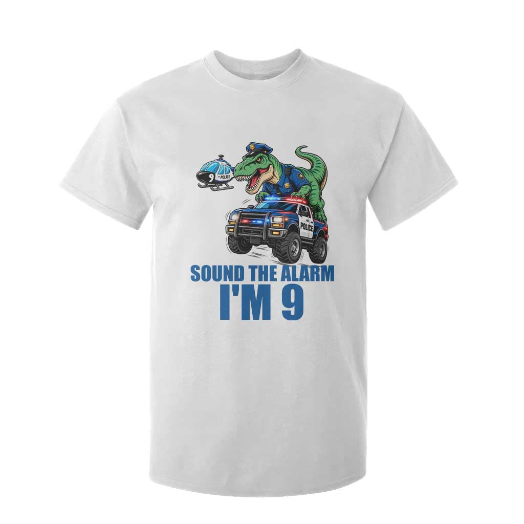 Funny Police Car Dinosaur 9th Birthday T Shirt For Kid Sound The Alarm I Am 9