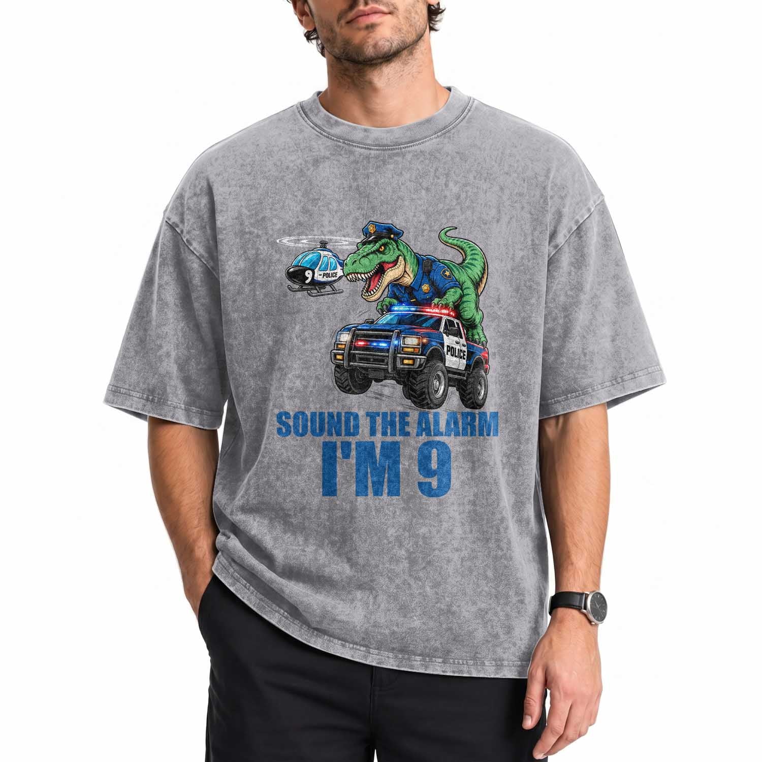 Funny Police Car Dinosaur 9th Birthday Washed Cotton T-Shirt Sound The Alarm I Am 9