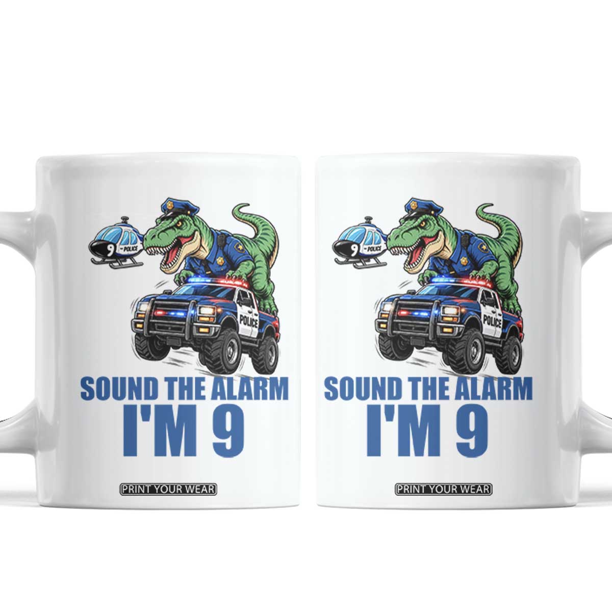 Funny Police Car Dinosaur 9th Birthday Coffee Mug Sound The Alarm I Am 9