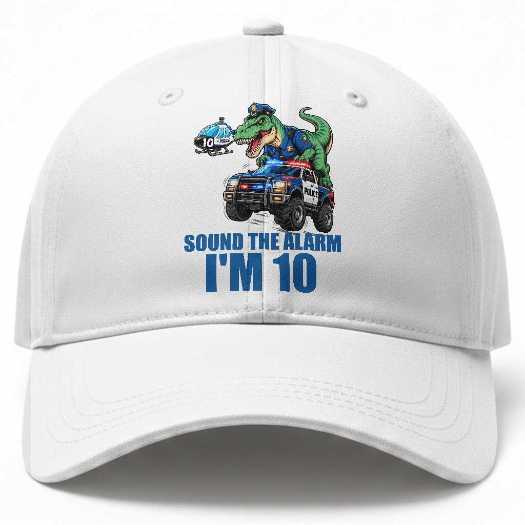 Funny Police Car Dinosaur 10th Birthday Baseball Cap Sound The Alarm I Am 10