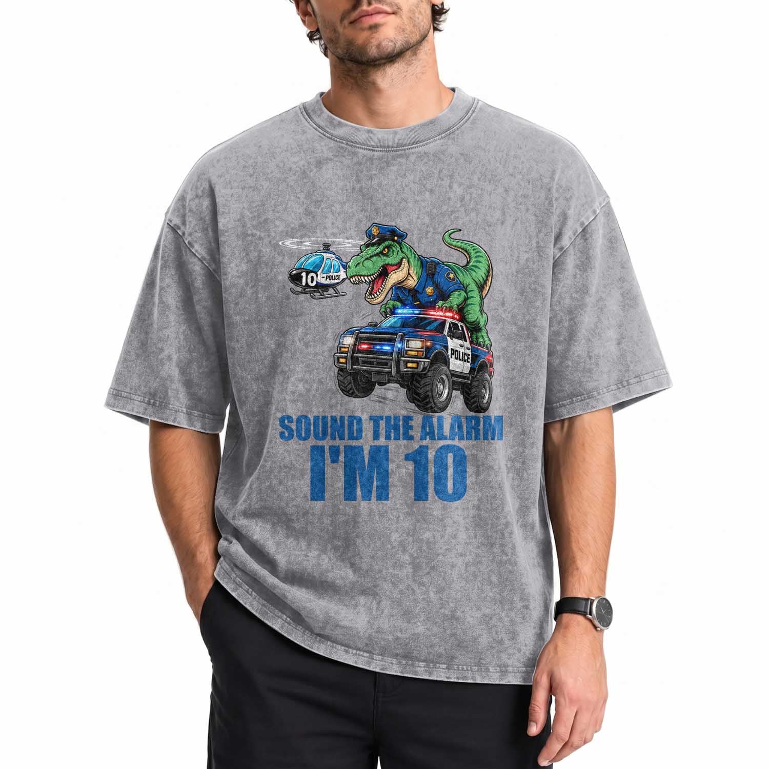 Funny Police Car Dinosaur 10th Birthday Washed Cotton T-Shirt Sound The Alarm I Am 10