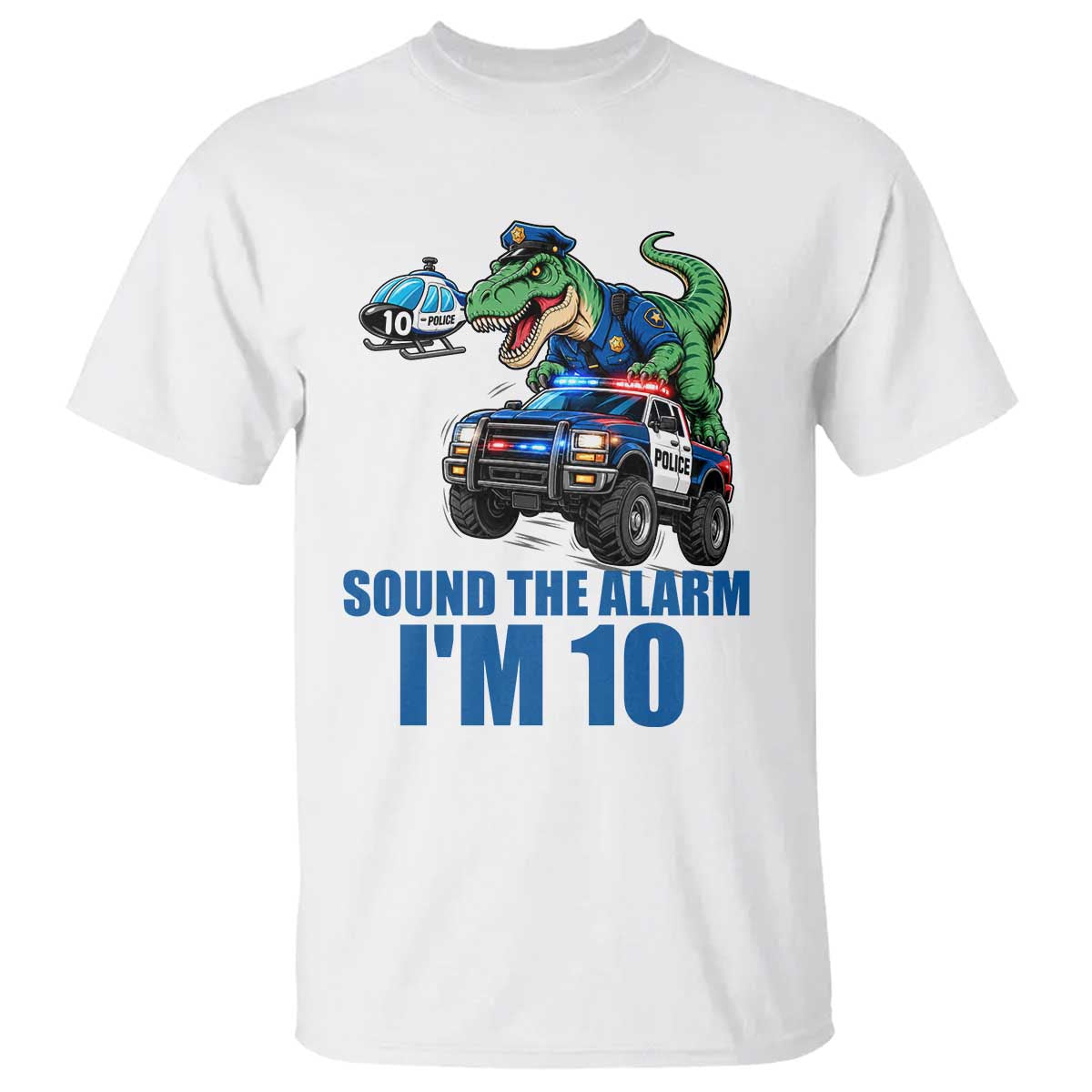 Funny Police Car Dinosaur 10th Birthday T Shirt Sound The Alarm I Am 10