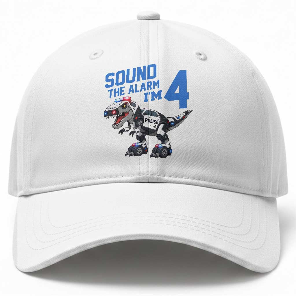 Funny Dinosaur Police Patrol 4th Birthday Baseball Cap Sound The Alarm I Am 4