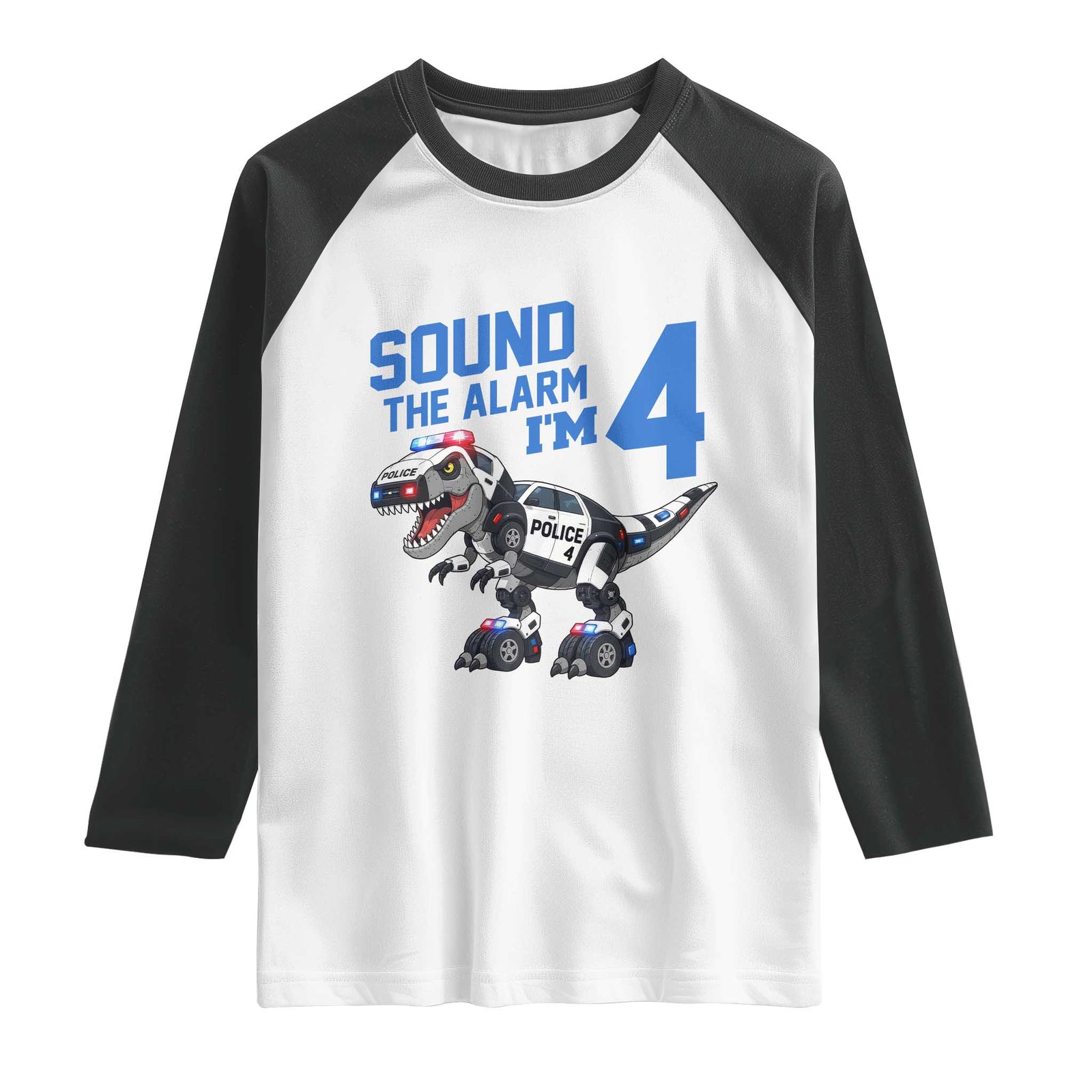 Funny Dinosaur Police Patrol 4th Birthday Raglan Shirt Sound The Alarm I Am 4