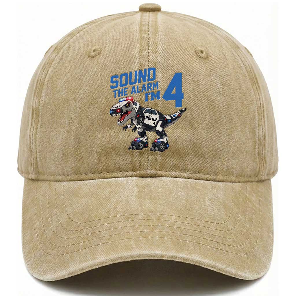 Funny Dinosaur Police Patrol 4th Birthday Washed Cotton Baseball Cap Sound The Alarm I Am 4
