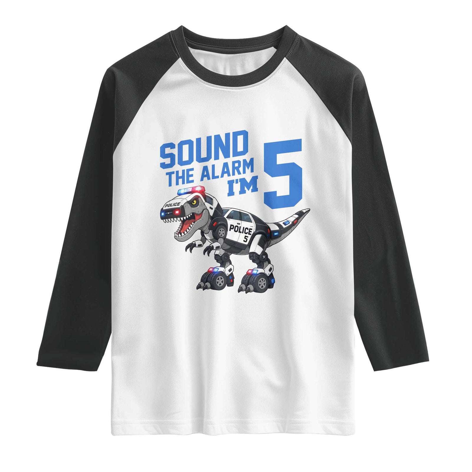 Funny Dinosaur Police Patrol 5th Birthday Raglan Shirt Sound The Alarm I Am 5