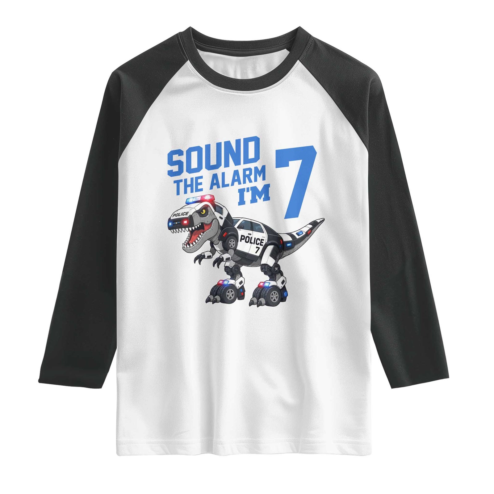 Funny Dinosaur Police Patrol 7th Birthday Raglan Shirt Sound The Alarm I Am 7