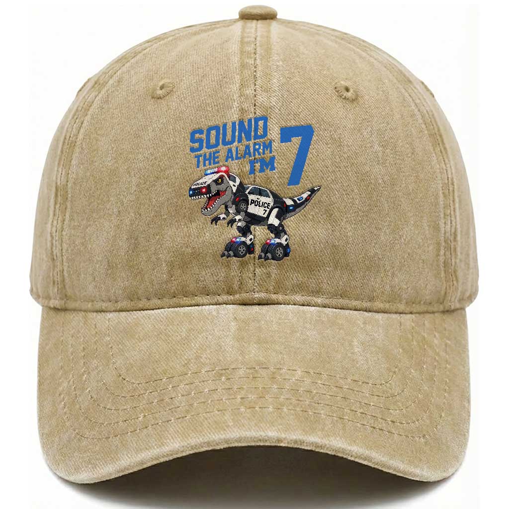 Funny Dinosaur Police Patrol 7th Birthday Washed Cotton Baseball Cap Sound The Alarm I Am 7