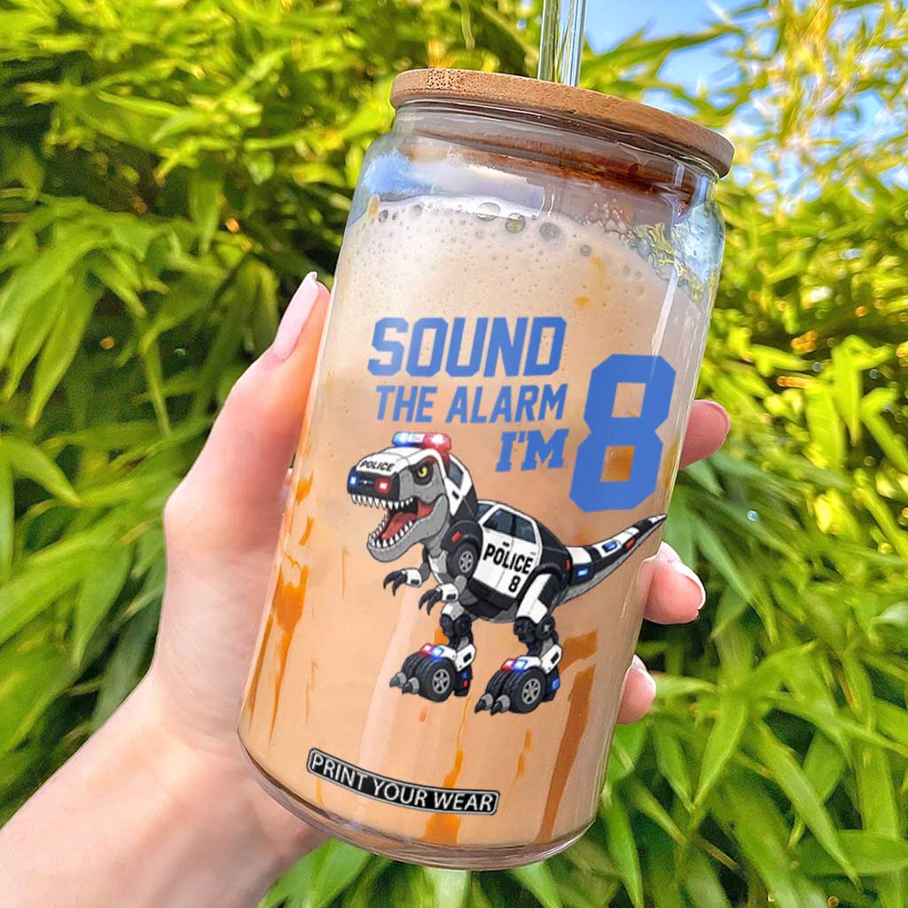 Funny Dinosaur Police Patrol 8th Birthday Glass Can Sound The Alarm I Am 8