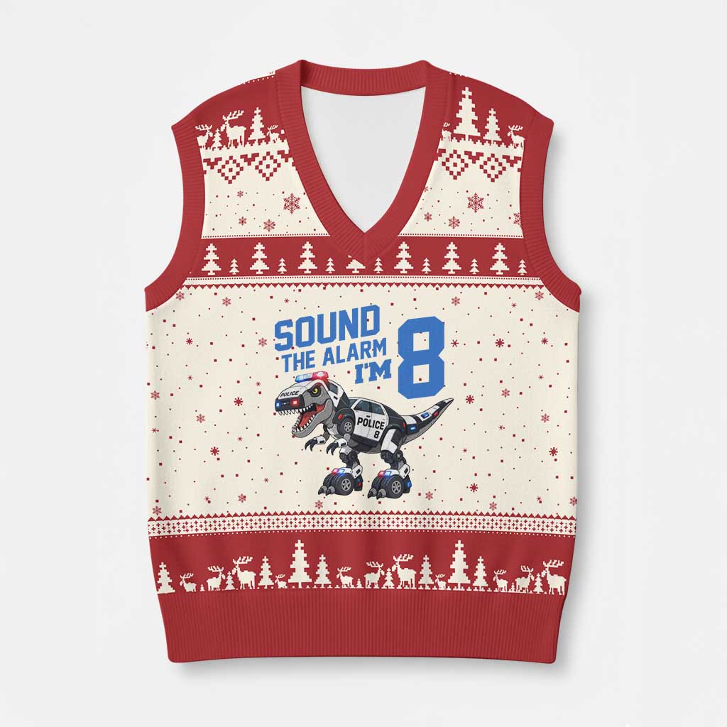 Funny Dinosaur Police Patrol 8th Birthday V-Neck Knit Sweater Vest Sound The Alarm I Am 8
