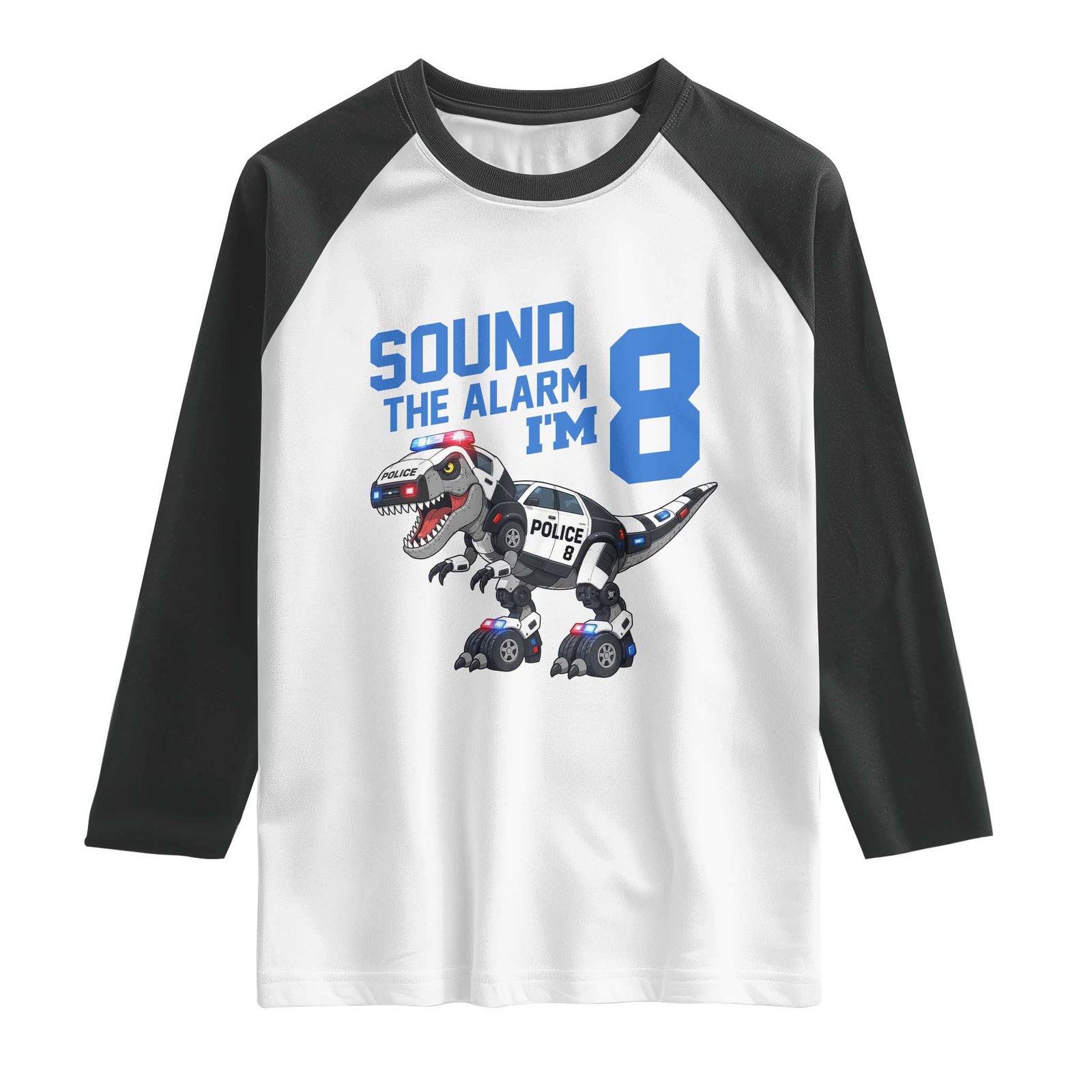 Funny Dinosaur Police Patrol 8th Birthday Raglan Shirt Sound The Alarm I Am 8