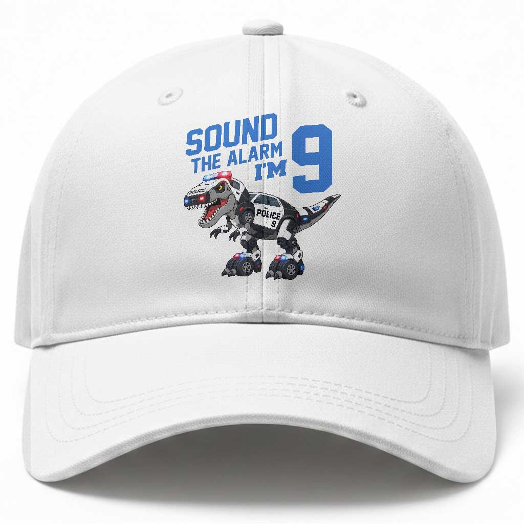 Funny Dinosaur Police Patrol 9th Birthday Baseball Cap Sound The Alarm I Am 9
