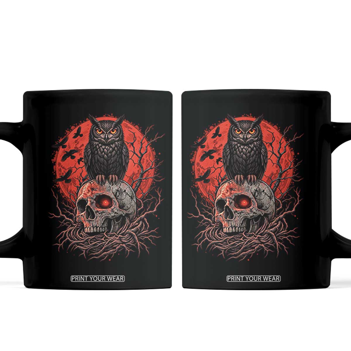 Gothic Owl Perched On Skull Coffee Mug Blood Moon Dark Horror Gothic Graphic