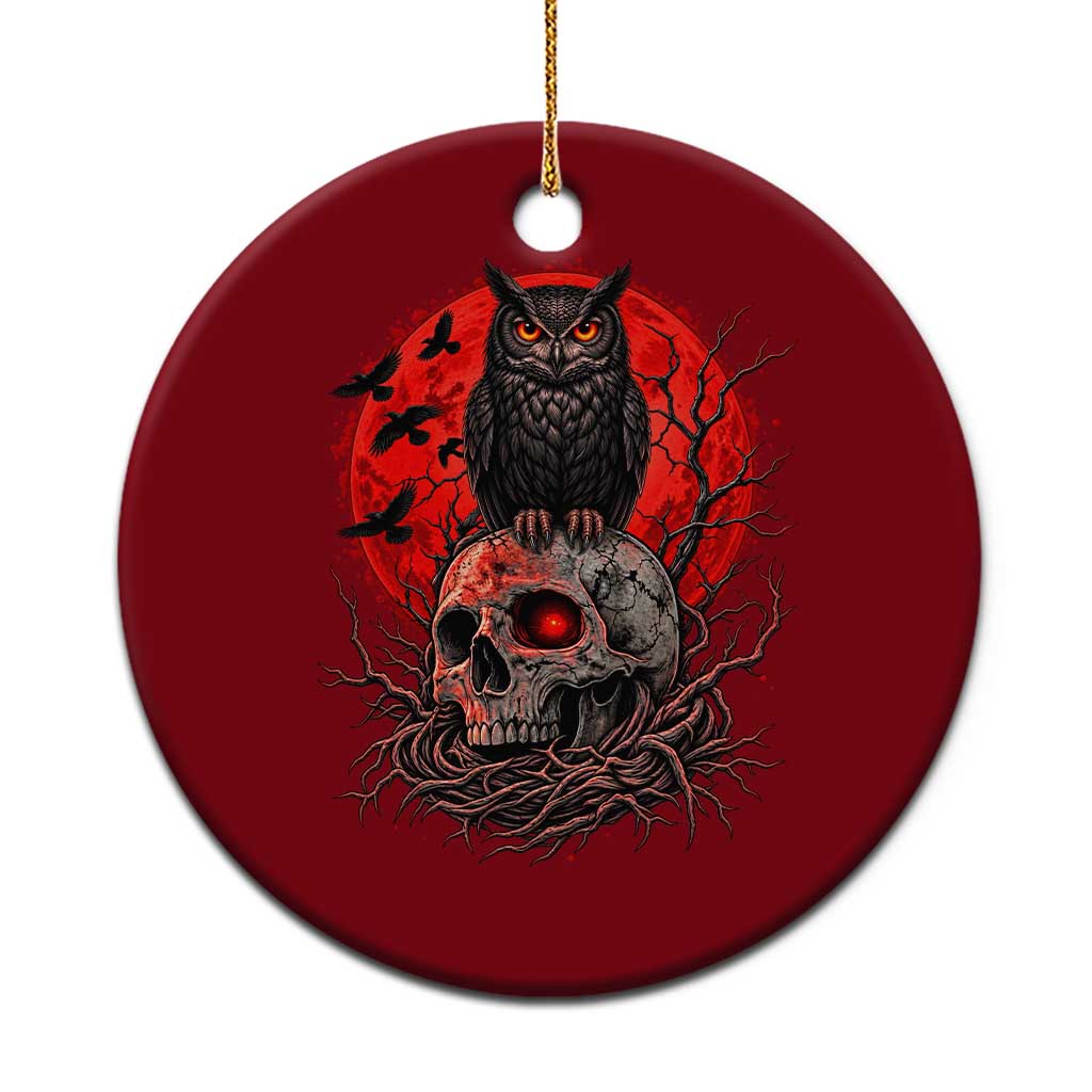 Gothic Owl Perched On Skull Ceramic Ornament Blood Moon Dark Horror Gothic Graphic