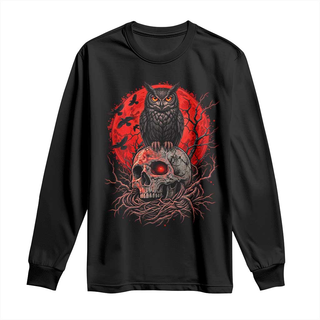 Gothic Owl Perched On Skull Long Sleeve Shirt Blood Moon Dark Horror Gothic Graphic
