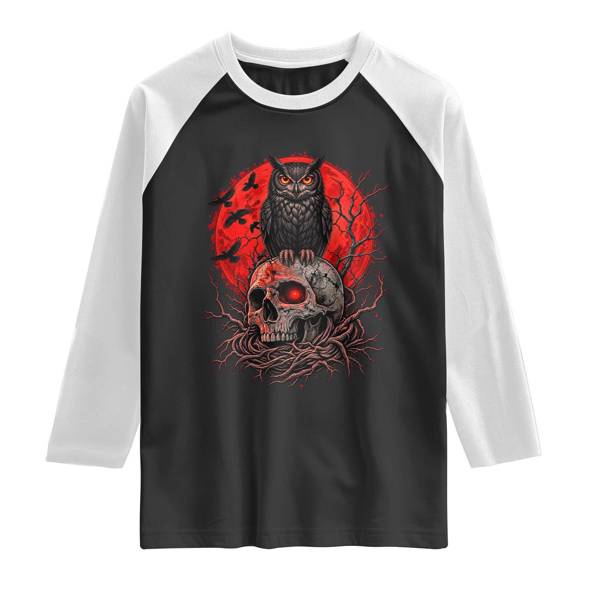 Gothic Owl Perched On Skull Raglan Shirt Blood Moon Dark Horror Gothic Graphic
