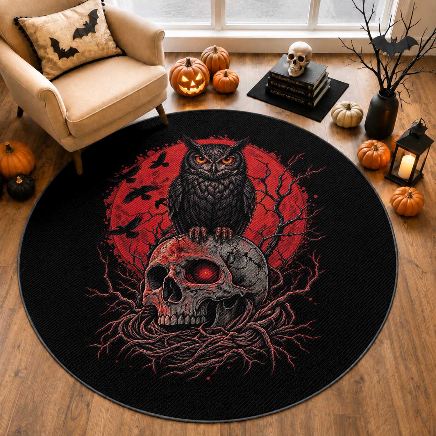 Gothic Owl Perched On Skull Round Rug Blood Moon Dark Horror Gothic Graphic