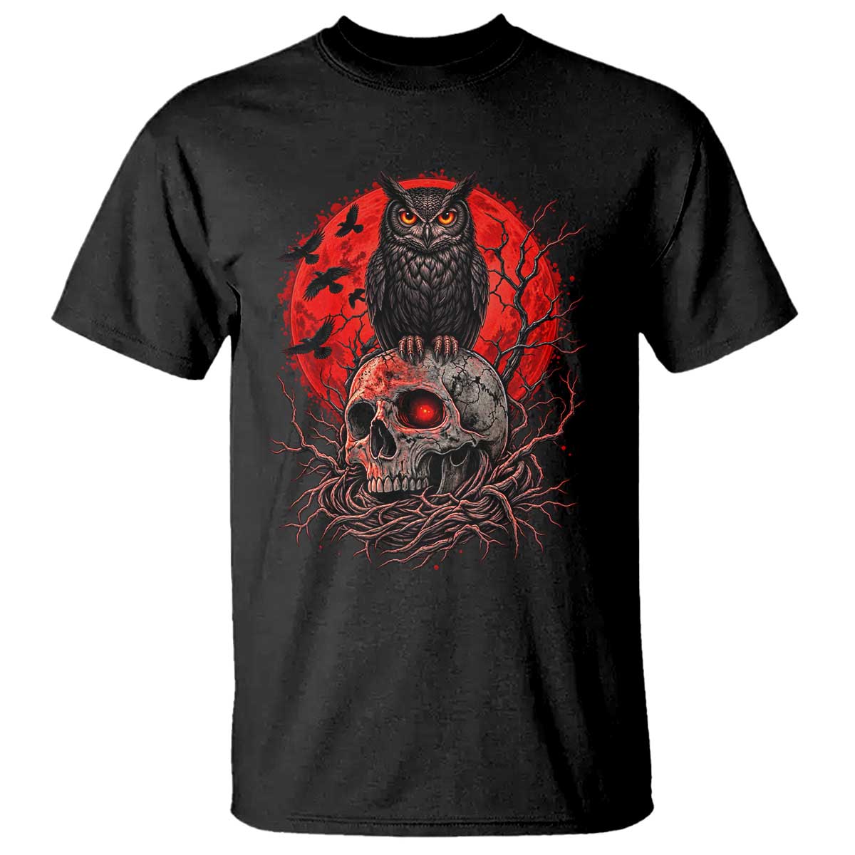 Gothic Owl Perched On Skull T Shirt Blood Moon Dark Horror Gothic Graphic
