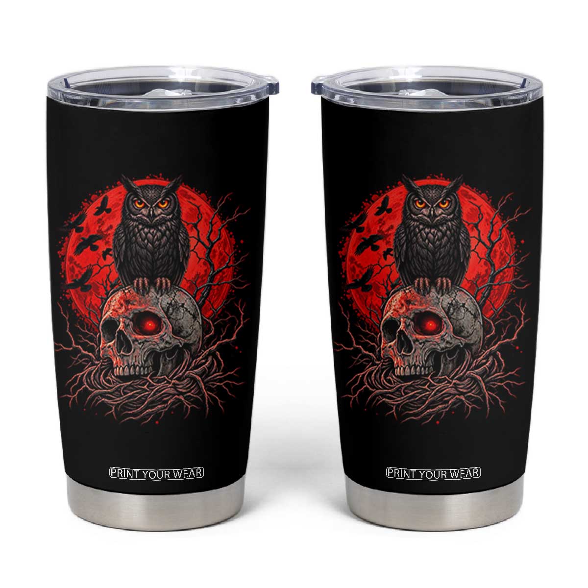 Gothic Owl Perched On Skull Tumbler Cup Blood Moon Dark Horror Gothic Graphic