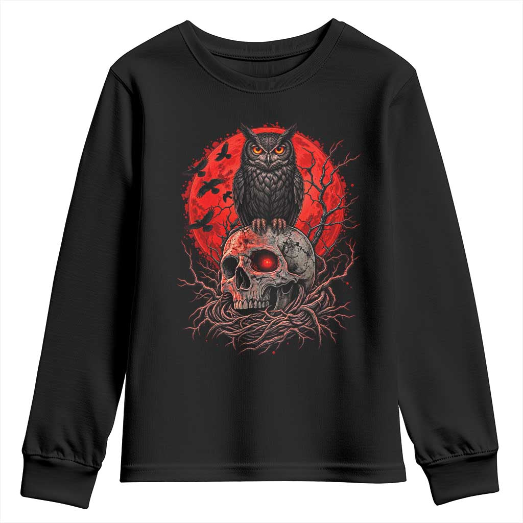 Gothic Owl Perched On Skull Youth Sweatshirt Blood Moon Dark Horror Gothic Graphic