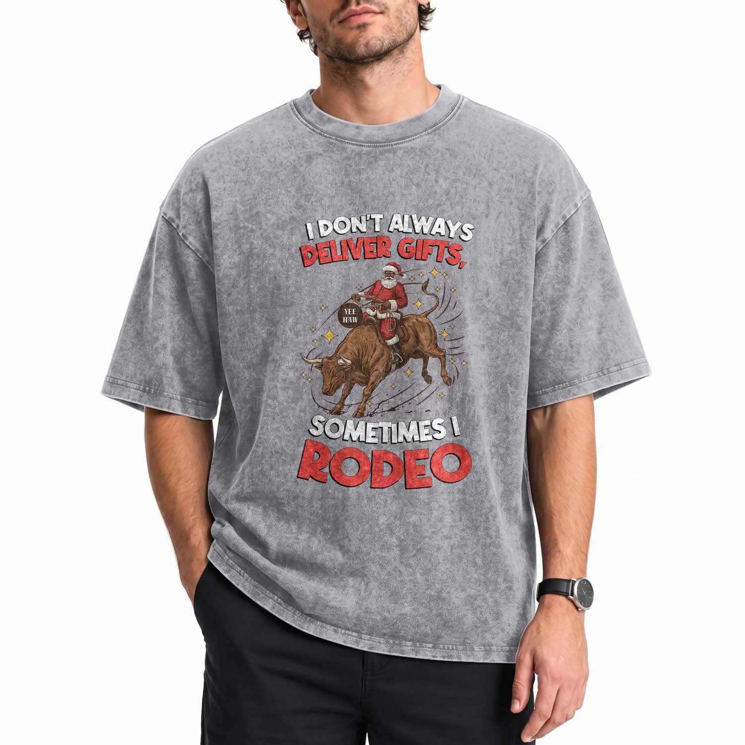 Funny Black Santa Bull Riding Christmas Washed Cotton T-Shirt I Do Not Deliver Gifts I Rodeo