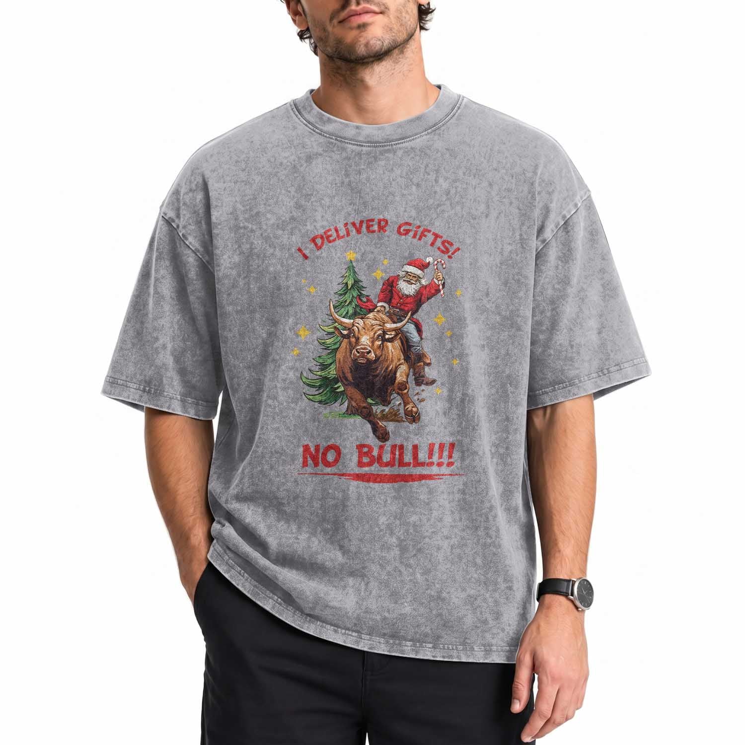 Funny Black Santa Bull Riding Christmas Washed Cotton T-Shirt I Deliver Gifts No Bull