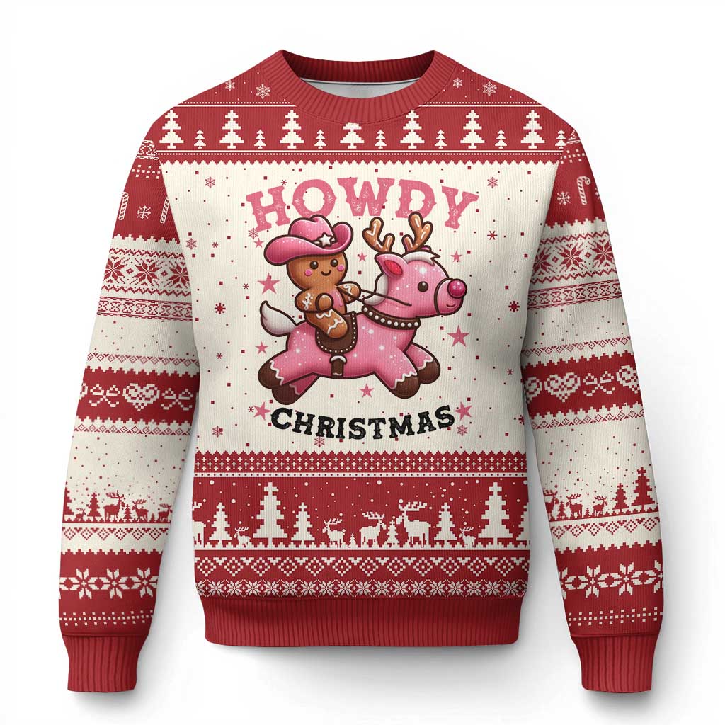 Howdy Xmas Ugly Christmas Sweater Funny Gingerbread Cowboy Riding Reindeer Gift For Girl TS12 Beige Red Print Your Wear