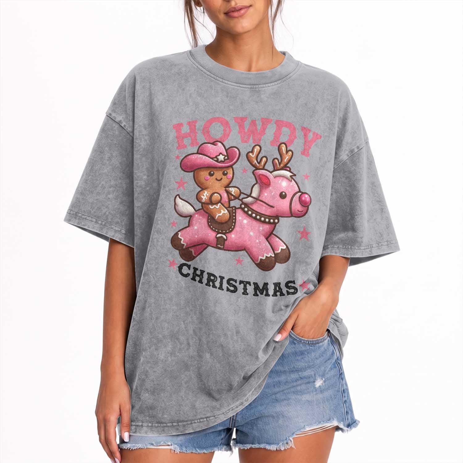 Howdy Christmas Washed Cotton T-Shirt Funny Gingerbread Cowboy Riding Reindeer Gift For Girl