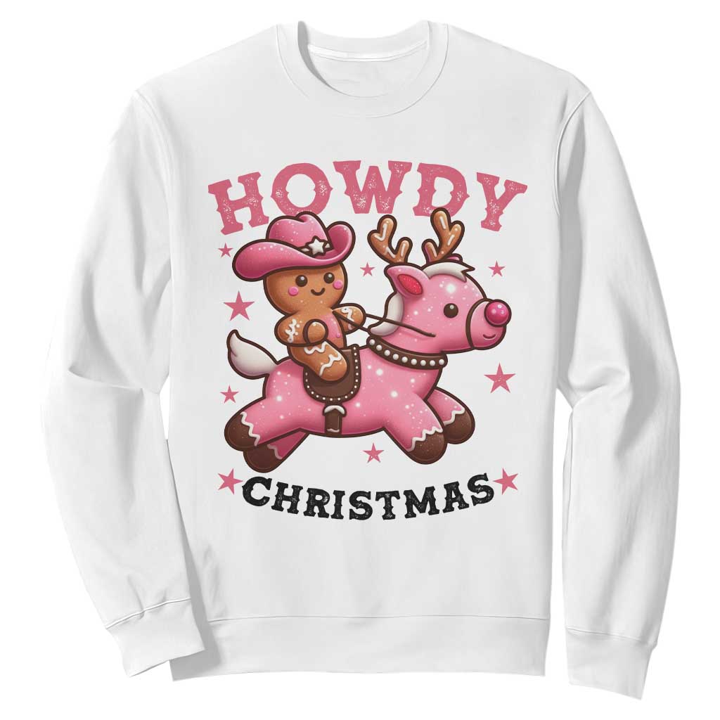 Howdy Christmas Sweatshirt Funny Gingerbread Cowboy Riding Reindeer Gift For Girl TS12 White Print Your Wear