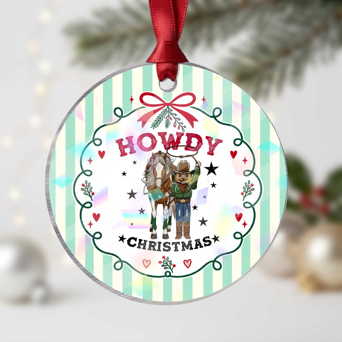 Funny Nutcracker Cowboy Howdy Christmas Holographic Acrylic Ornament Western Holiday Gift