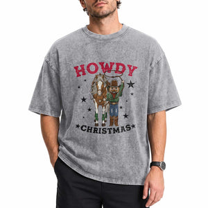 Funny Nutcracker Cowboy Howdy Christmas Washed Cotton T-Shirt Western Holiday Gift