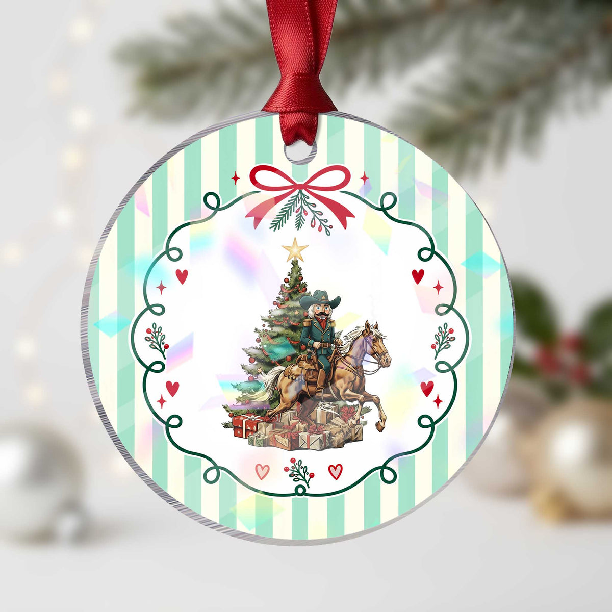 Funny Nutcracker Riding Horse Holographic Acrylic Ornament Western Life Christmas Gift