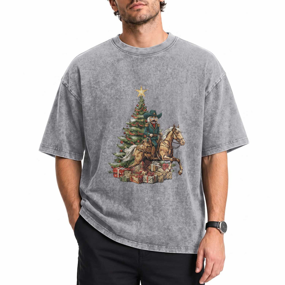 Funny Nutcracker Riding Horse Washed Cotton T-Shirt Western Life Christmas Gift