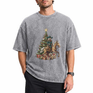 Funny Nutcracker Riding Horse Washed Cotton T-Shirt Western Life Christmas Gift