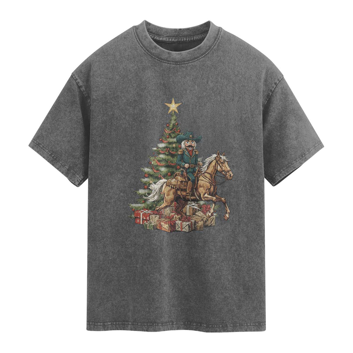 Funny Nutcracker Riding Horse Washed Cotton T-Shirt Western Life Christmas Gift