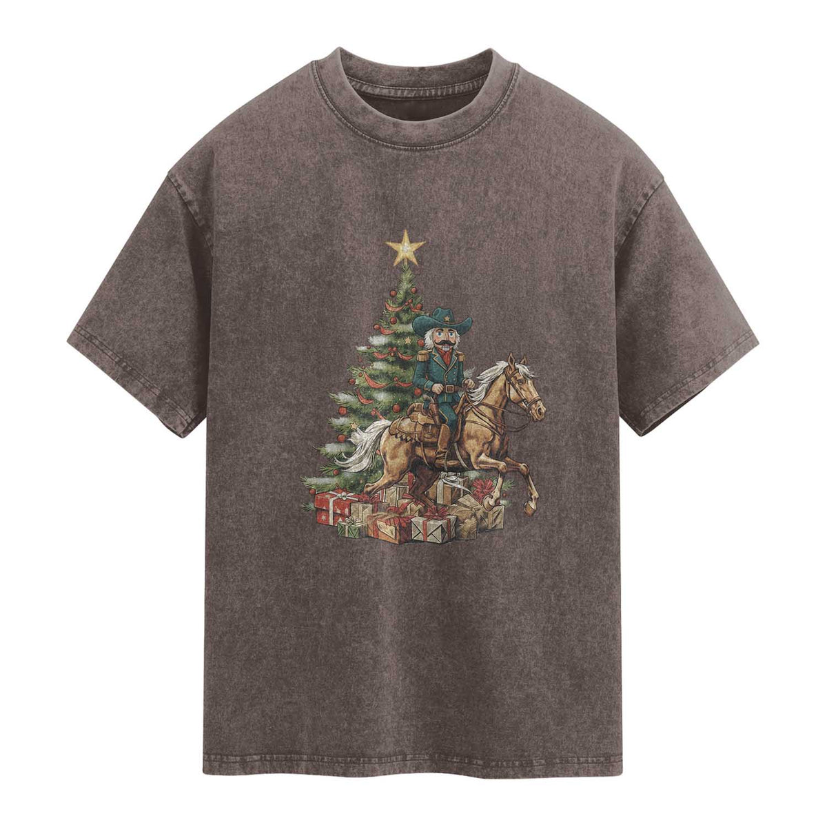 Funny Nutcracker Riding Horse Washed Cotton T-Shirt Western Life Christmas Gift