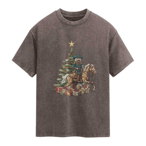Funny Nutcracker Riding Horse Washed Cotton T-Shirt Western Life Christmas Gift