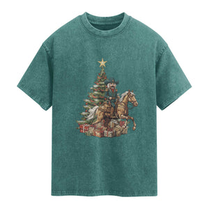 Funny Nutcracker Riding Horse Washed Cotton T-Shirt Western Life Christmas Gift
